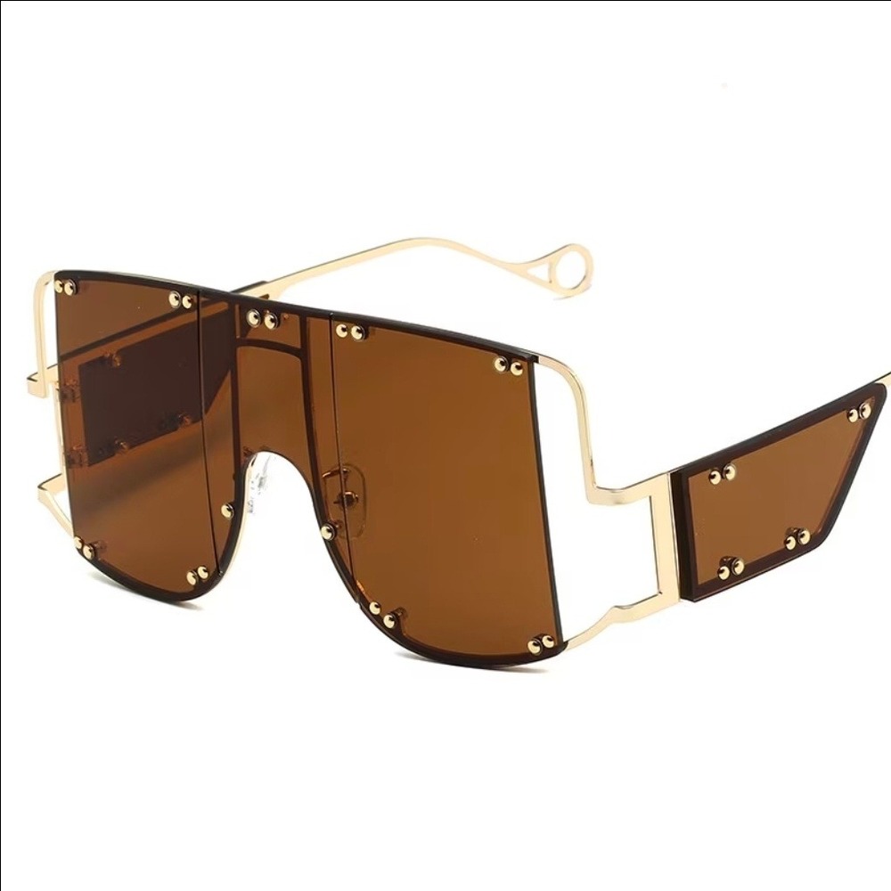 Shield Sunglasses Womens OS Brown NEW Oversized Gold Rivet Rimless Flat Top